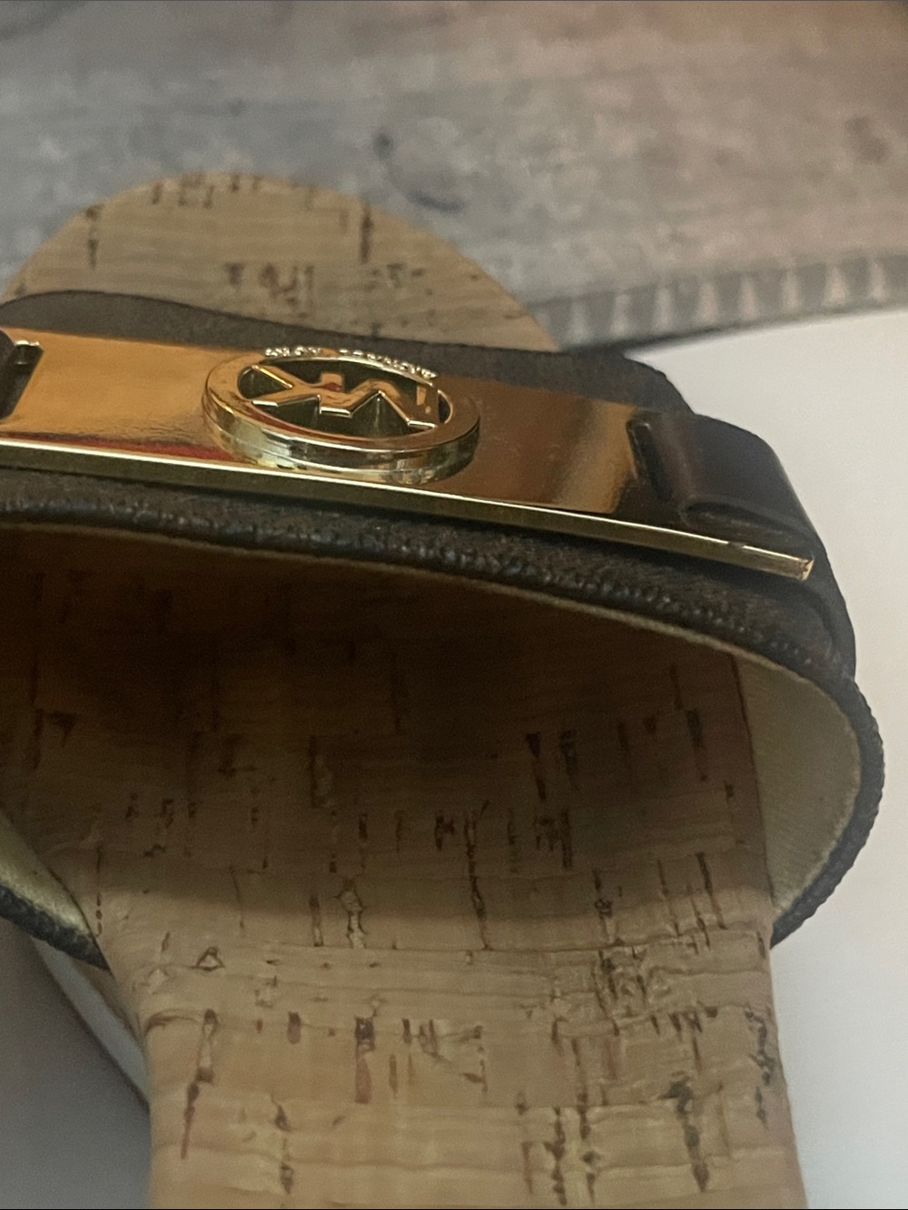 Michael Kors Brown Monogram Cork Wedge Slide Sandals with Gold Logo - Picture 10 of 12